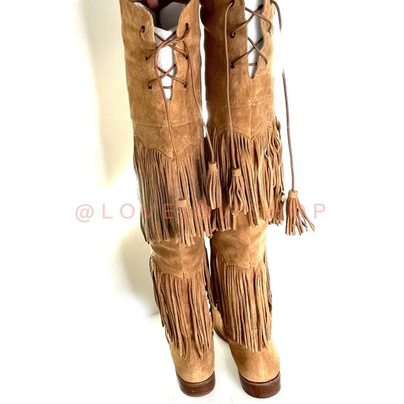 Bohemian | Sam Edelman Over-the-Knee Fringe Boots | Camel Tan Suede Western Tall - Picture 12 of 15